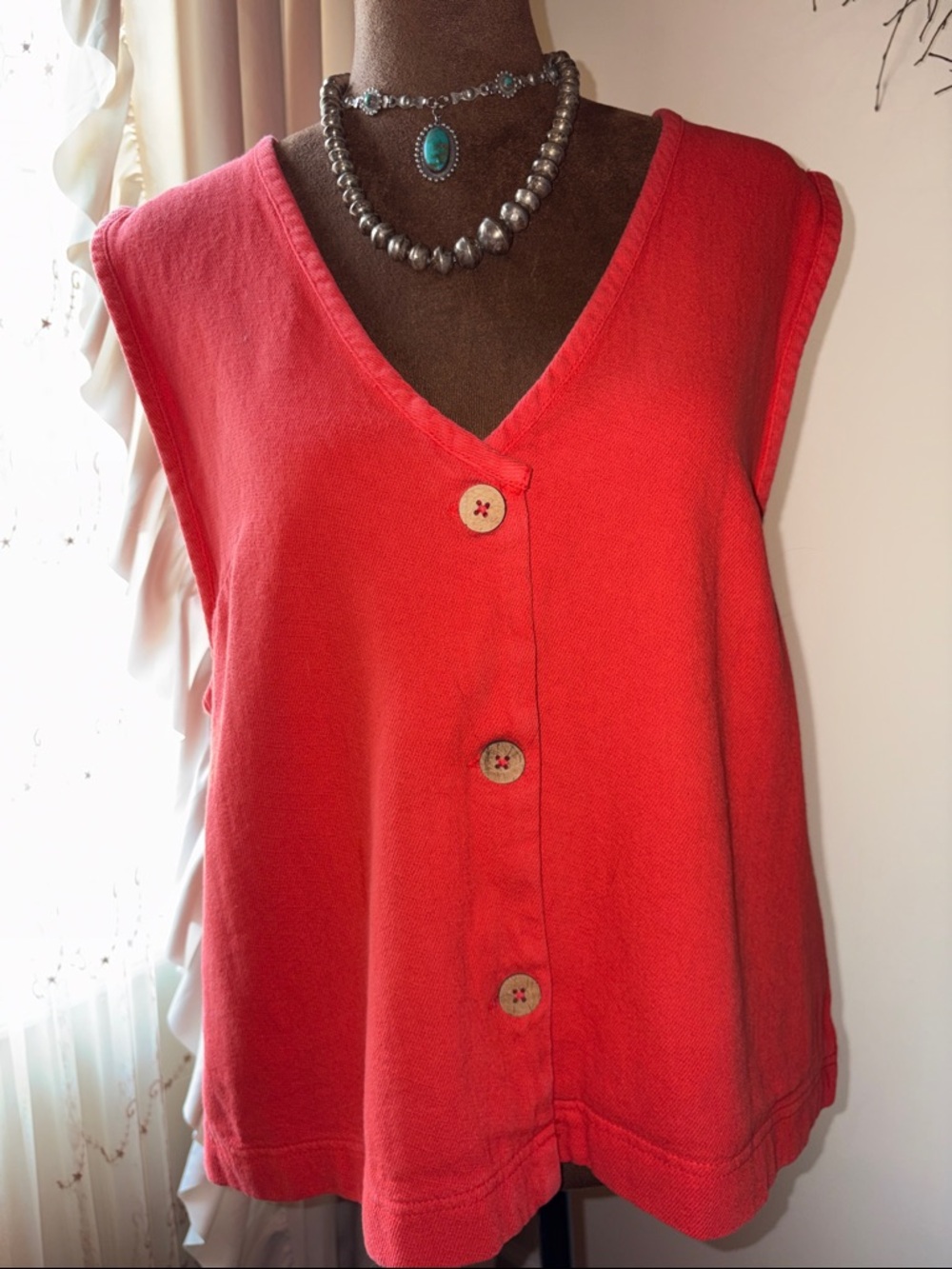 Free People Coral Red V-Neck Button-Front Tank